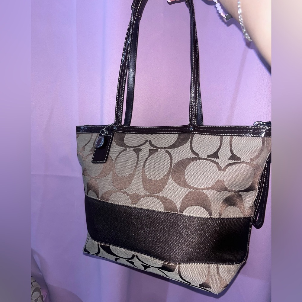 Y2K Coach Brown Signature Canvas Tote with brown trim